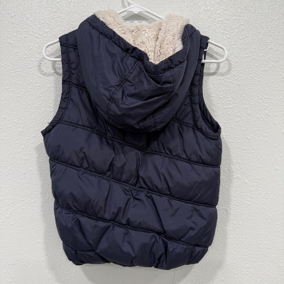 American Eagle Outfitters Navy Blue Puffer Vest Faux Fur Hood Plaid Lining S/P - Picture 3 of 8